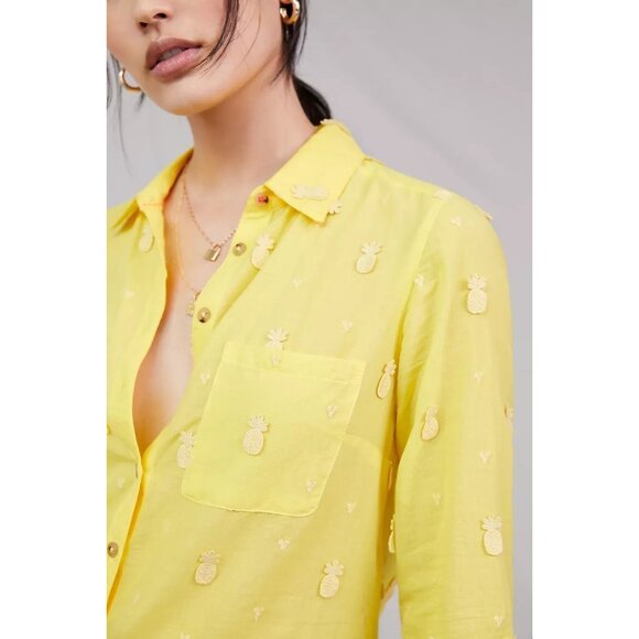 Maeve Yellow Whimsical Pineapple Embroidery Button-Down Shirt - Picture 9 of 9